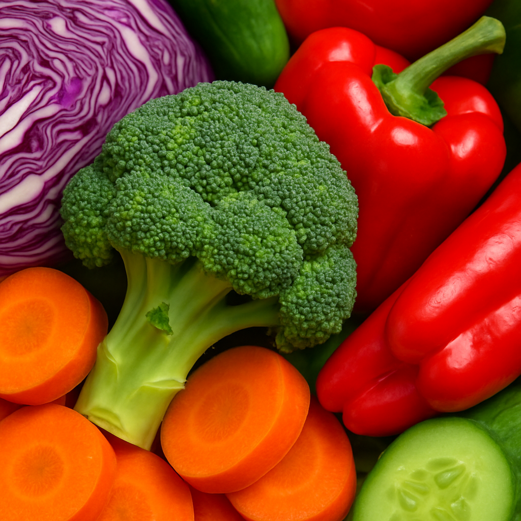 A vibrant, close-up photo of a variety of colorful vegetables including purple cabbage, green broccoli, and red peppers.