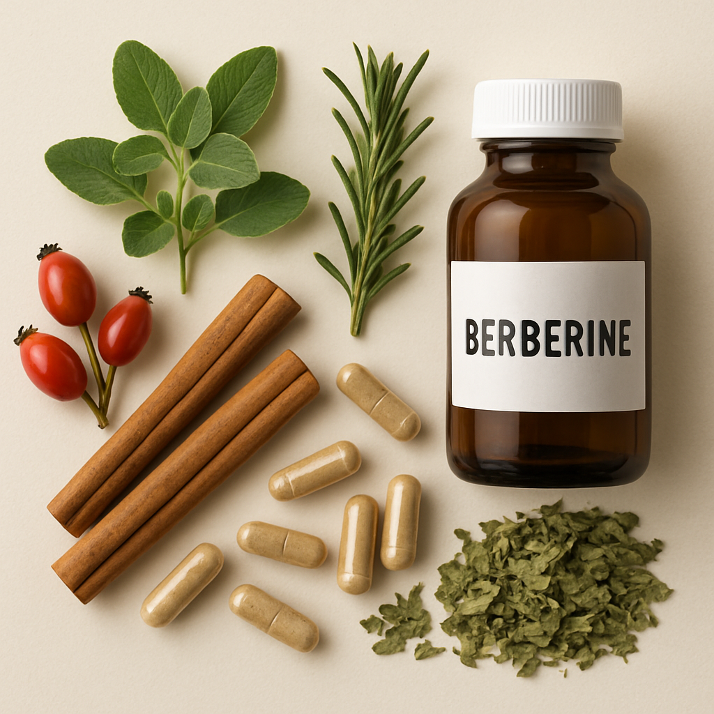 A variety of natural herbs and capsules, such as cinnamon sticks and berberine containers.