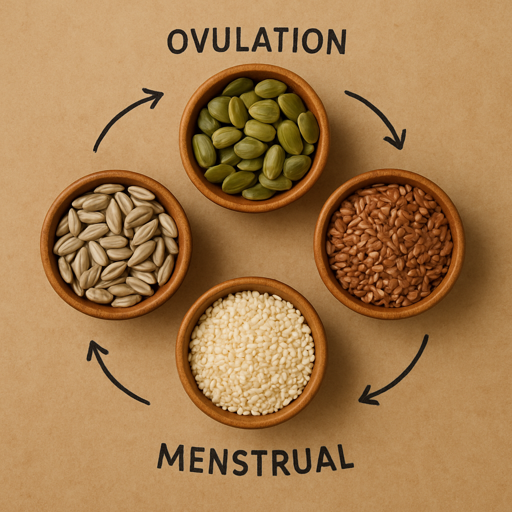 A top-down view of four small wooden bowls containing different seeds (pumpkin, flax, sesame, sunflower) labeled for the different phases of a cycle.