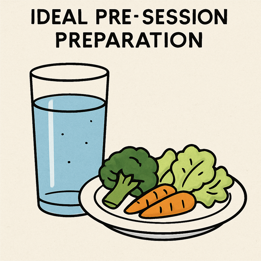 A simple graphic showing a tall glass of water and a plate of light vegetables, representing ideal pre-session preparation.