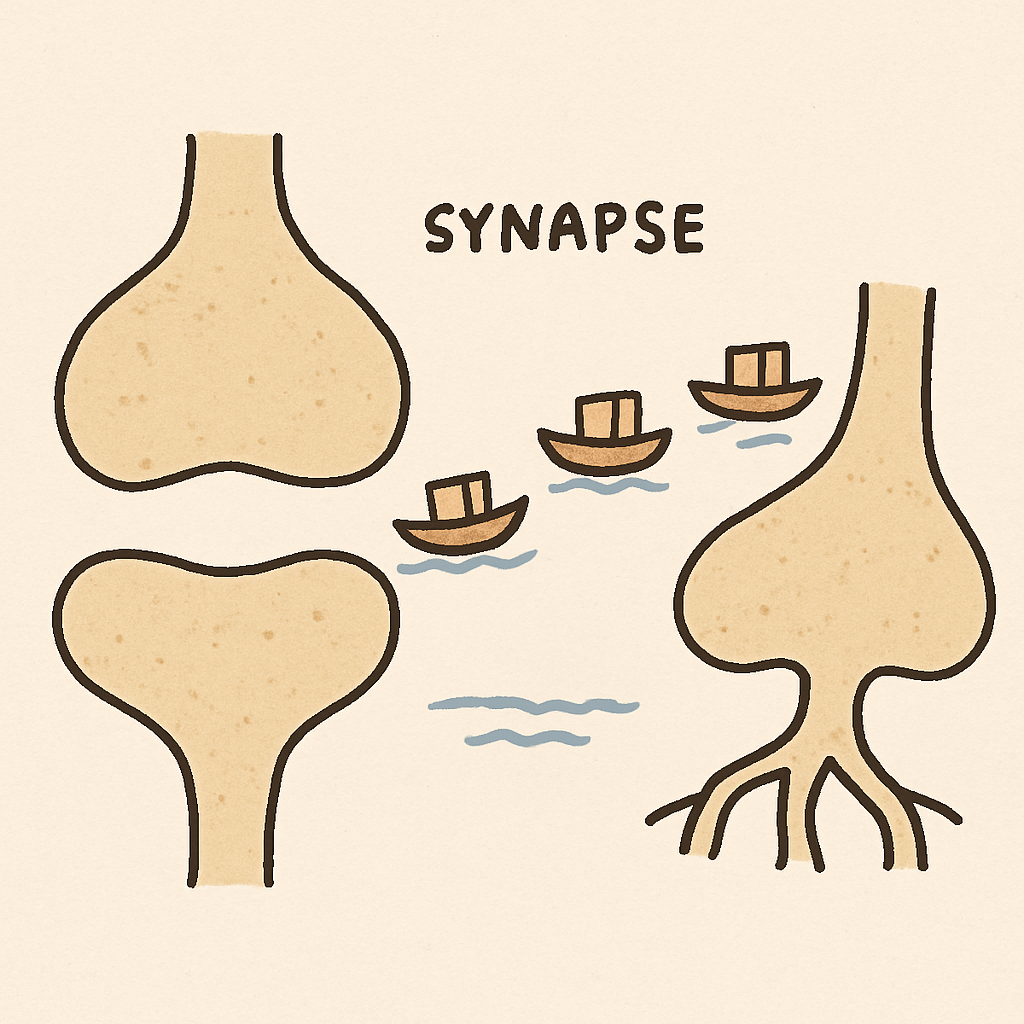 A simple drawing of two shores (neurons) with a small gap (synapse) and little boats (neurotransmitters) carrying boxes across.