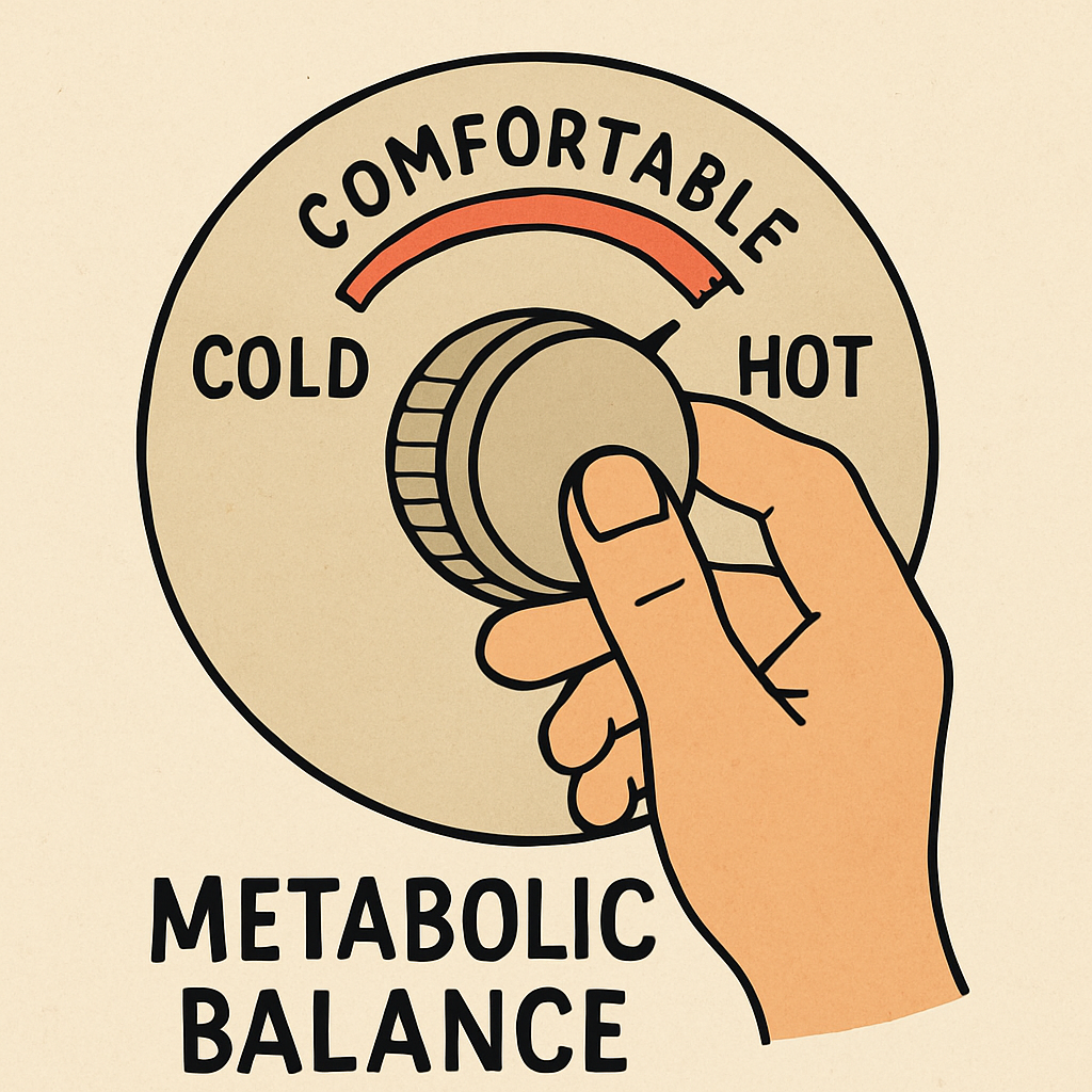 A simple illustration of a thermostat dial being tuned to a 'comfortable' setting, representing metabolic balance.