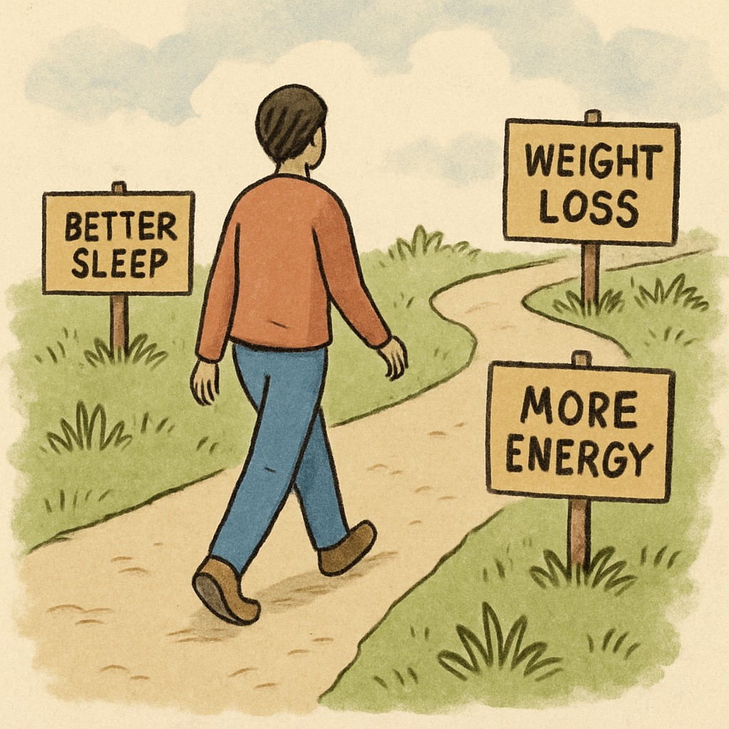 A person walking a path with various milestones like 'Better Sleep,' 'More Energy,' and finally 'Weight Loss.'
