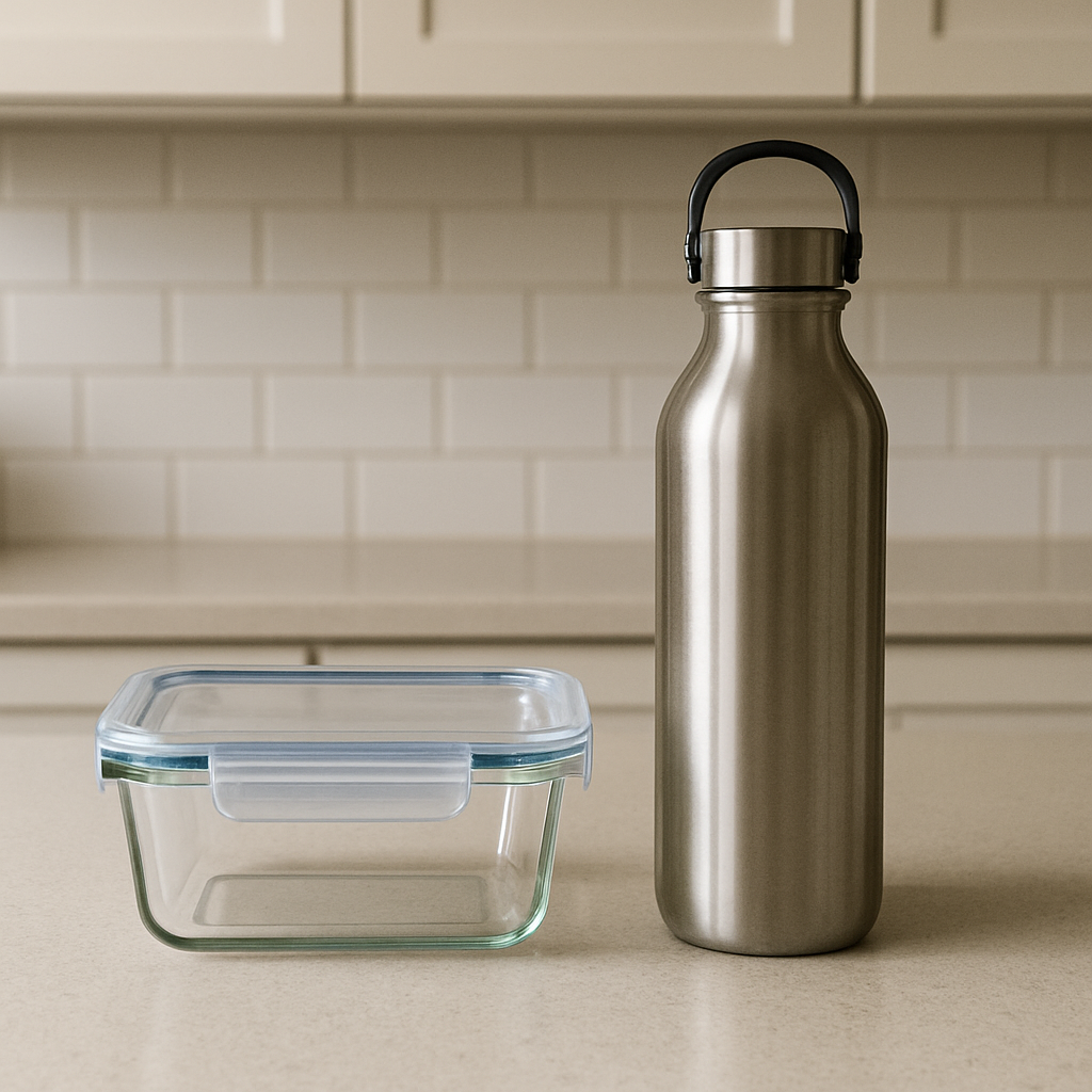 A glass storage container and a stainless steel water bottle on a clean kitchen counter.