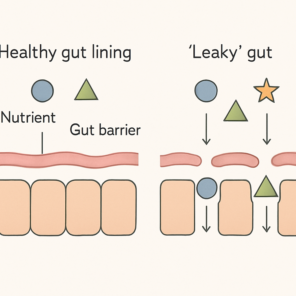 A healthy gut lining compared to a 'leaky' one, shown with simple shapes to represent nutrients and barriers.