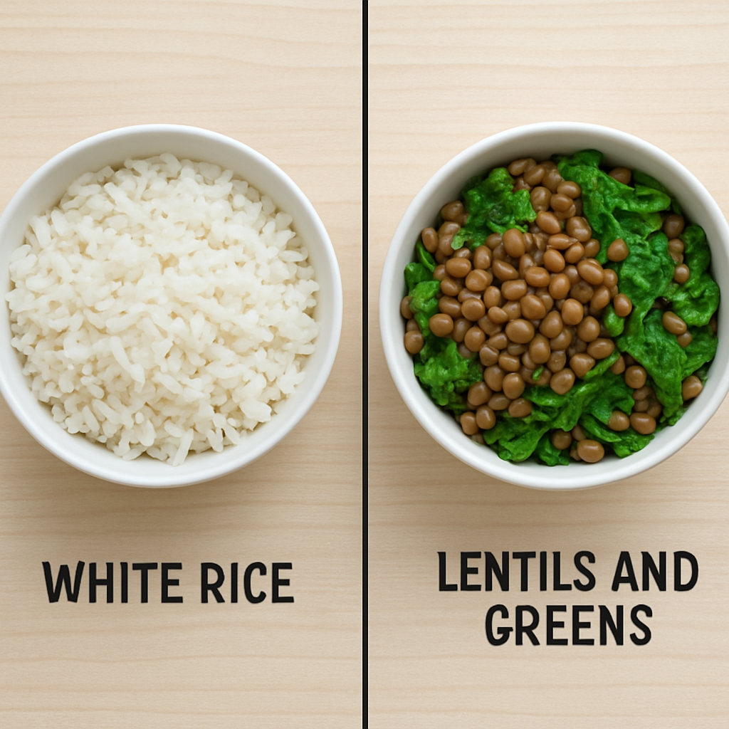 A comparison of a bowl of white rice versus a bowl of brown lentils and leafy greens.