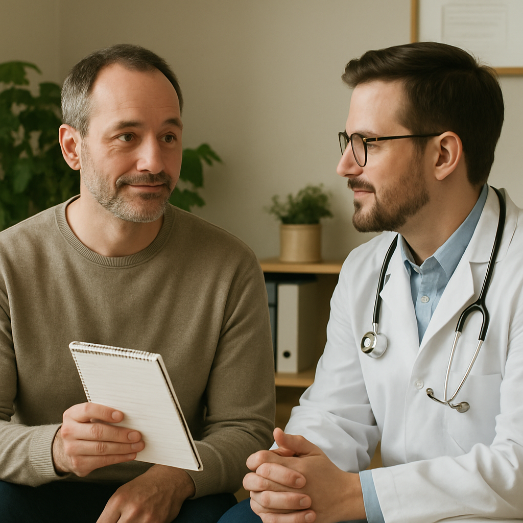 A calm person holding a notepad and talking to a doctor in a supportive environment.